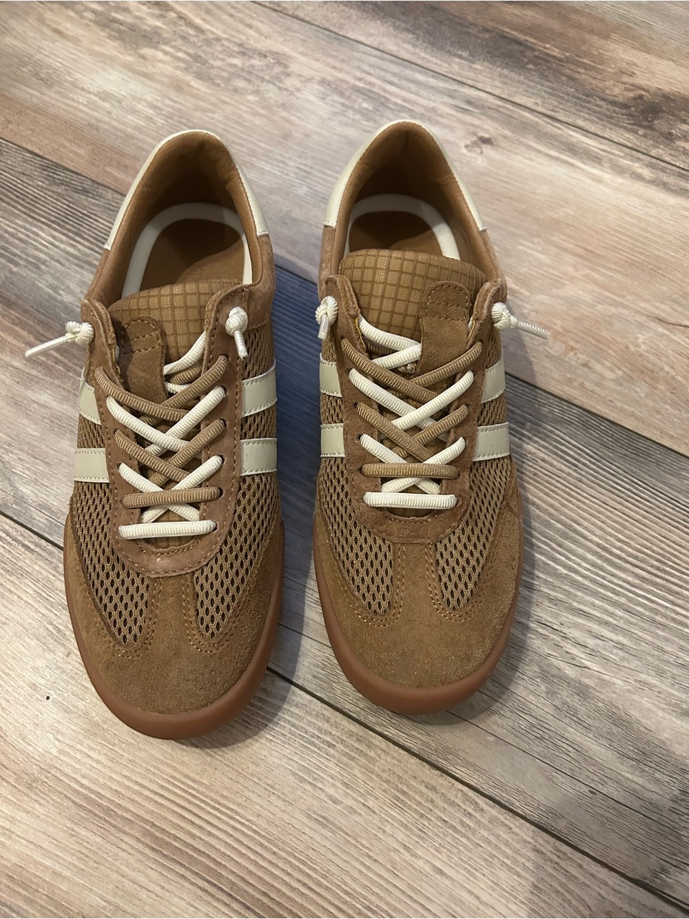 Steve Madden Women's Tan Suede & Mesh Sneakers with Cream Stripes